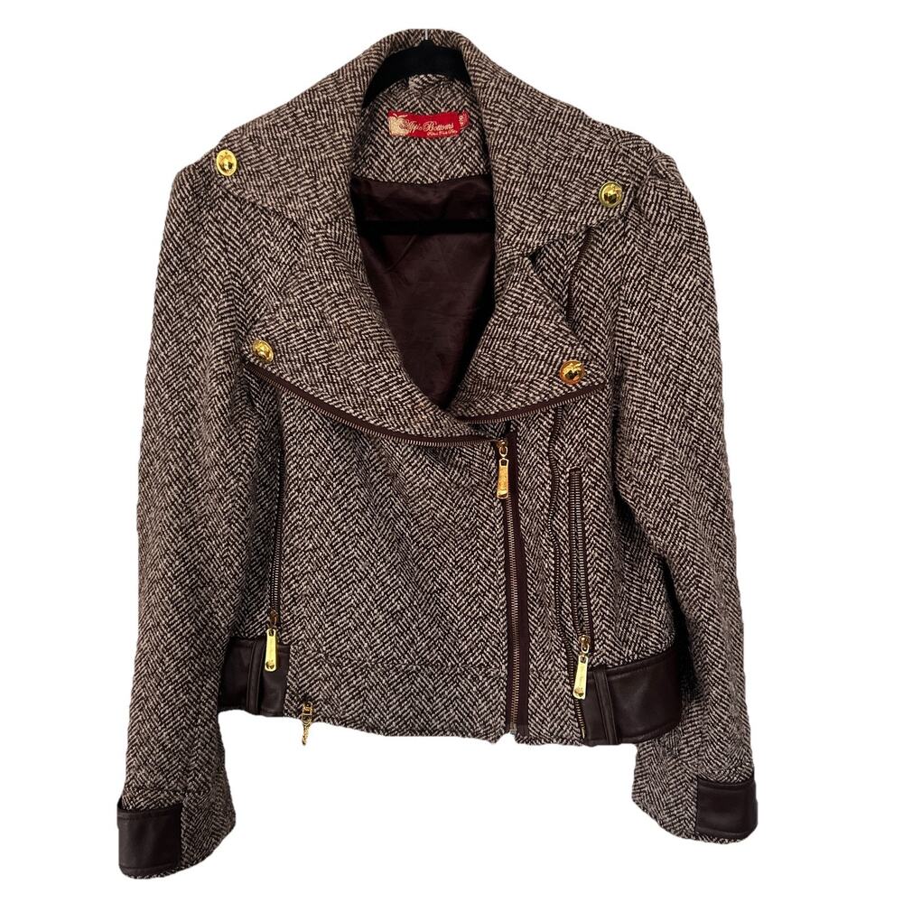 APPLE BOTTOMS TWEED Y2K Vintage Wool-Blend MOTO JACKET w/Gold & Leatherette RARE